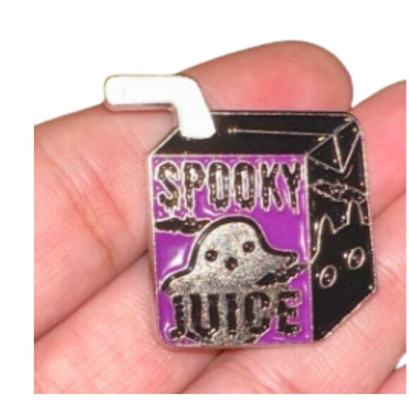 Spooky Juice Box Enamel Pin | Ghost & Bat Design | Halloween-Themed Collectible - Picture 2 of 4